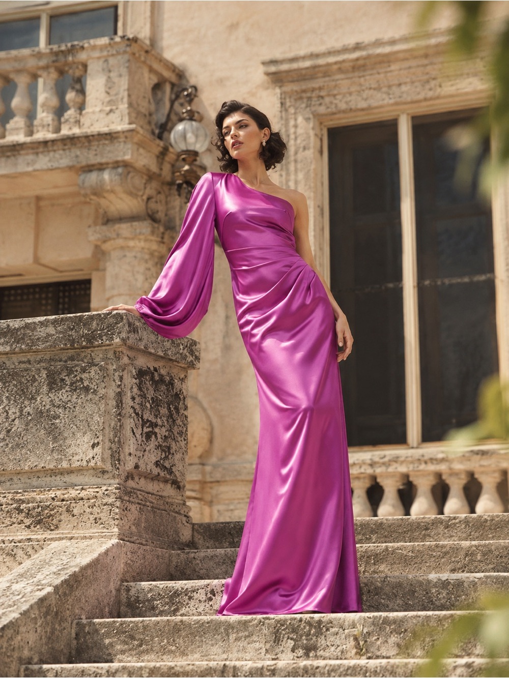 NWT Ieena for Mac Duggal Satin One Shoulder Puff Sleeve Gown Orchid Size 4